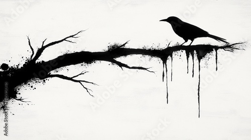  a black bird perched atop a tree branch against a white background