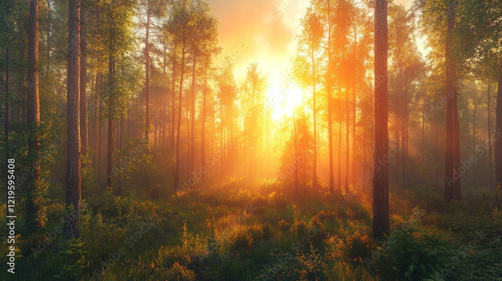 Obraz premium Forest illuminated by golden sunrise.