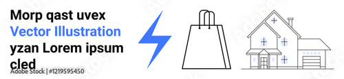 Shopping bag next to a modern house with a lightning bolt in between, emphasizing online shopping convenience. Ideal for e-commerce, home delivery, online retail, energy, speed, convenience, modern