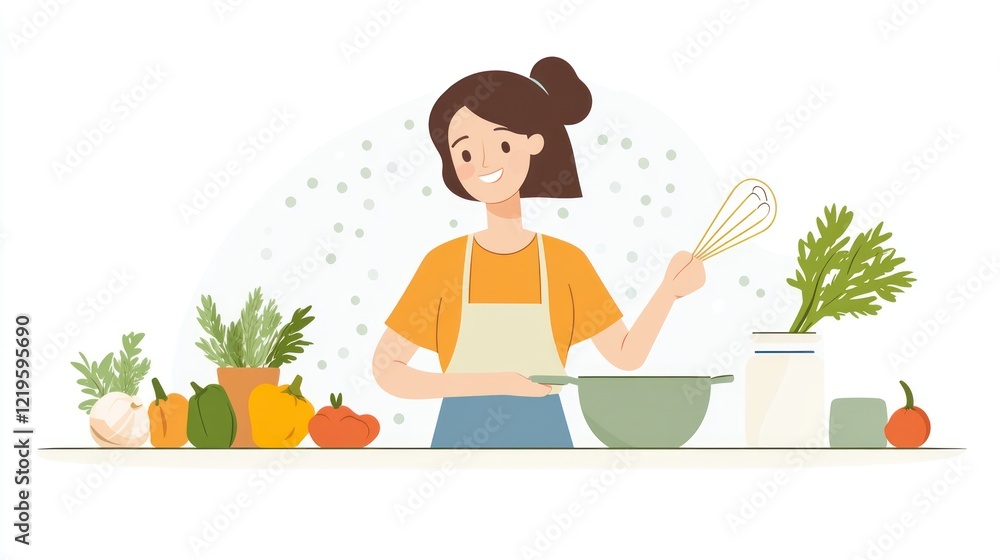 Happy Woman Cooking Healthy Meal with Fresh Vegetables Happy Woman Cooking Healthy Meal with Fresh Vegetables