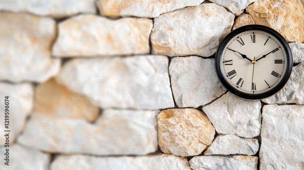 custom made wallpaper toronto digital a clock hanging on a stone wall, with its hands pointing to the time The clock has a white face with black Roman numerals and hands, and the wall is made of a ligh