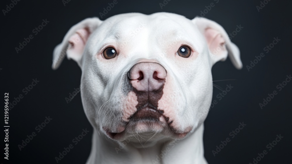 a white American Bulldog looking directly at the camera against a black background a white American Bulldog looking directly at the camera against a black background