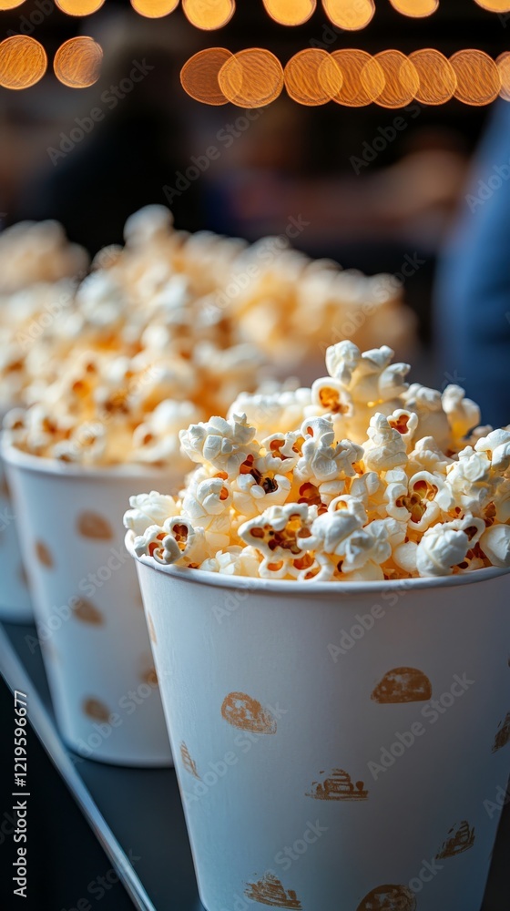 Delicious popcorn served in festive cups at a bustling cinema during an evening show Delicious popcorn served in festive cups at a bustling cinema during an evening show