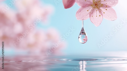  a pink cherry blossom with a single drop of water suspended in the air, surrounded by a blurred background