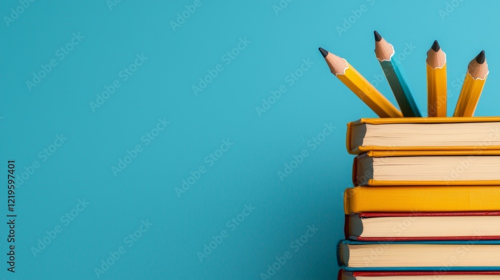 Fototapeta premium a stack of books with pencils placed on top of them against a blue background