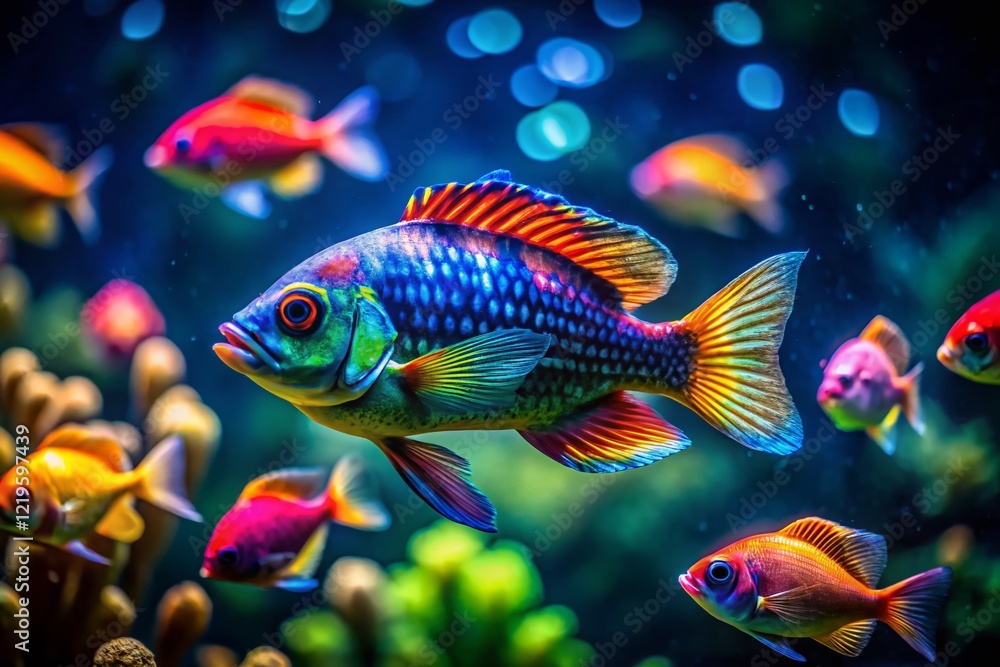 Fototapeta premium Vibrant Tropical Fish in Low Light Aquarium - Copy Space for Text