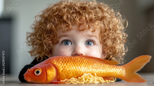  a little boy with curly hair holding a goldfish in front of his face The background is slightly blurred, giving the focus to the boy and the fish photo