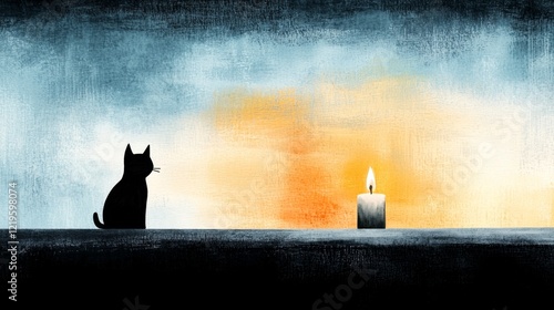  a black cat sitting on top of a table next to a lit candle The candle is lit, casting a warm glow on the cat and the surrounding area