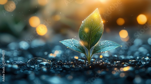 Fresh Green Plant with Dewdrops