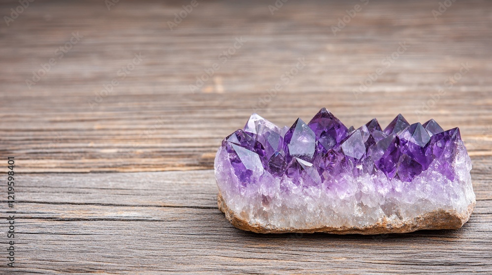 a cluster of amethyst crystals on a wooden table The crystals are a deep purple color and have a glossy sheen, reflecting the light and creating a beautiful sparkl a cluster of amethyst crystals on a wooden table The crystals are a deep purple color and have a glossy sheen, reflecting the light and creating a beautiful sparkl