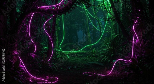 Fototapeta Naklejka Na Ścianę i Meble -  Enchanted jungle with neon lights: surreal nighttime forest scene
