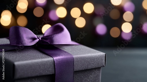  a black gift box with a purple ribbon tied around it, set against a blurred background of lights