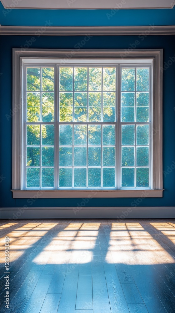 Fototapeta premium Bright sunlight illuminates empty room with blue walls and window on a clear day