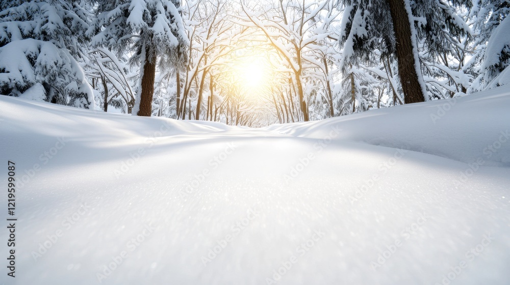 Fototapeta premium a winter forest with snow-covered trees and the sun shining through them, creating a peaceful and serene atmosphere