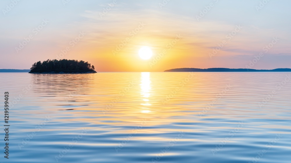 Naklejka premium a small island in the middle of a body of water, surrounded by lush green trees The sky is a beautiful mix of oranges, pinks, and purples, and the sun is setting i