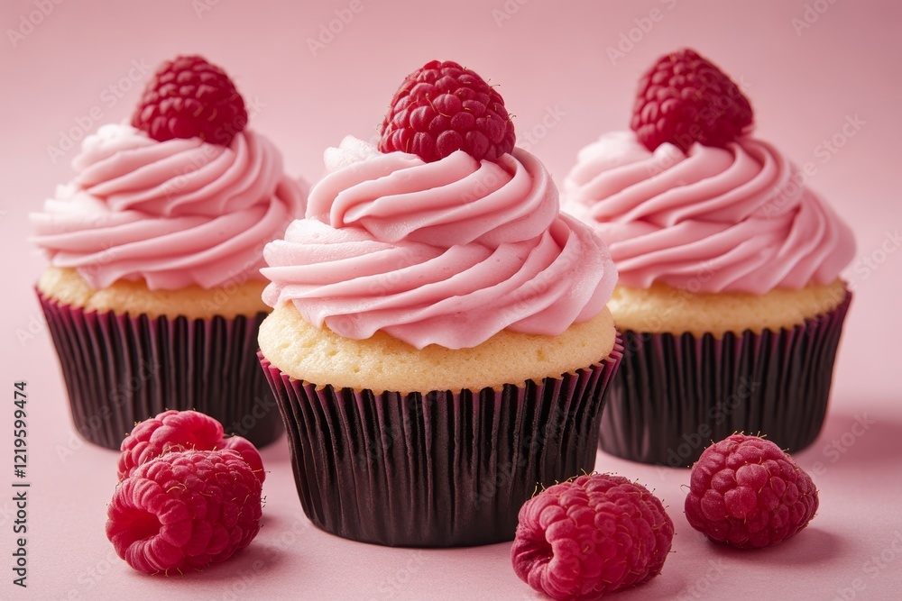 Sweet raspberry topped cupcakes with pink frosting on pastel background