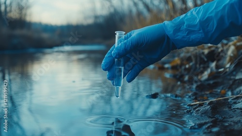 Scientist testing river water quality; autumn background; environmental research