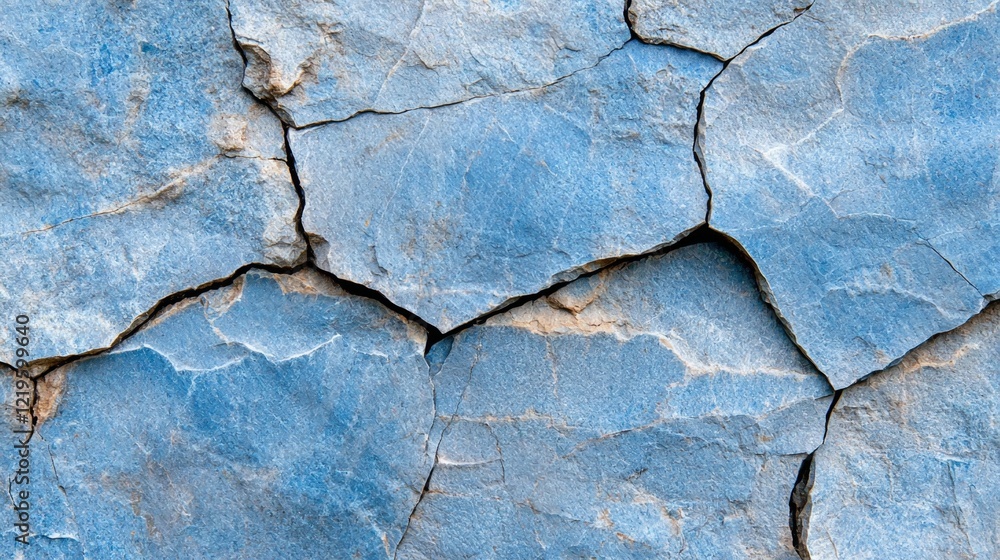 Obraz premium a close up of a blue rock wall with a crack running through it The cracks are deep and jagged, creating a textured surface The blue color of the rock wall stands