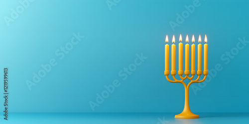 Lit menorah with seven candles against a blue background.  A symbol of light and hope, perfect for holiday greetings or religious imagery. photo