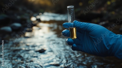Scientist testing river water sample; autumn background; environmental research