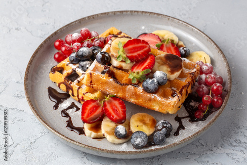 Obraz na płótnie Delicious fresh baked belgian waffles with berries and fruit w salonie