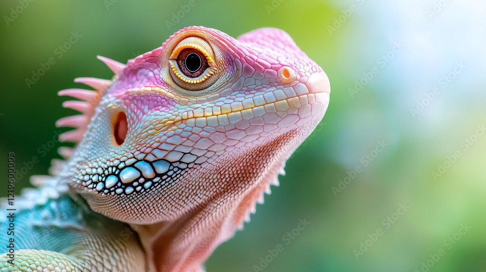 a close up of a colorful lizard on a green background The lizard is in focus while the background is slightly blurred, giving the image a dreamy feel a close up of a colorful lizard on a green background The lizard is in focus while the background is slightly blurred, giving the image a dreamy feel