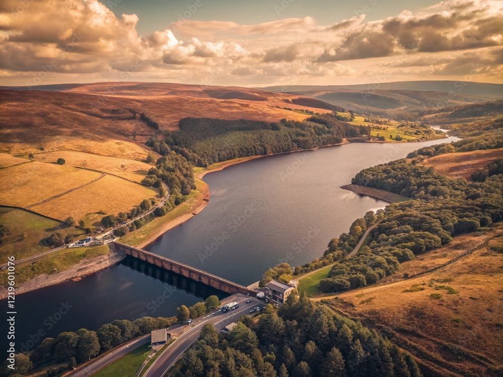 Naklejka premium Vintage Aerial Drone Shot: Holmfirth Reservoir, Peak District National Park, England