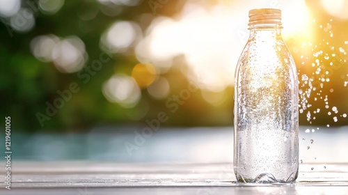  a bottle of water sitting on top of a wooden table, with water droplets cascading down the sides of the bottle The background is slightly blurred, giving the image