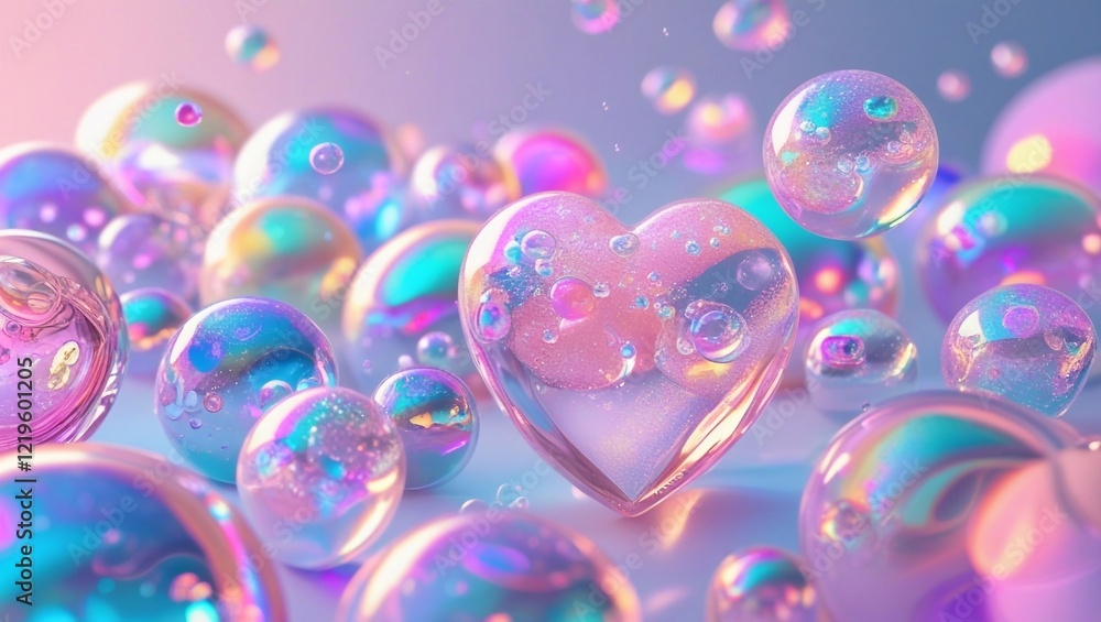 Iridescent neon shiny colorful hearts on soft pastel colors background. Valentine's day or mother's day party banner. Rainbow holographic abstract wallpaper. Hologram Foil Aesthetic. Iridescent neon shiny colorful hearts on soft pastel colors background. Valentine's day or mother's day party banner. Rainbow holographic abstract wallpaper. Hologram Foil Aesthetic.