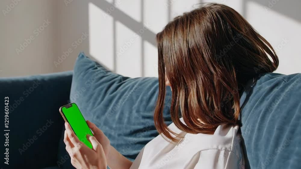 Woman Using Smartphone in Cozy Living Room Scene Footage Woman Using Smartphone in Cozy Living Room Scene Footage