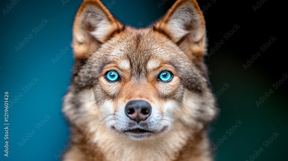 Fototapeta premium a brown and black dog with blue eyes looking directly at the camera against a blurred background
