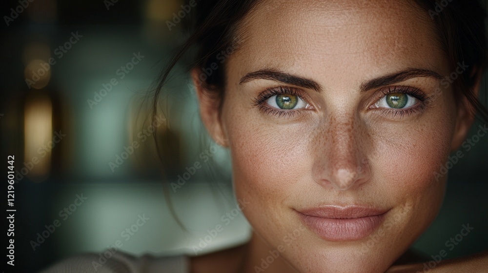a woman with green eyes looking directly at the camera, her face in focus while the background is blurred a woman with green eyes looking directly at the camera, her face in focus while the background is blurred