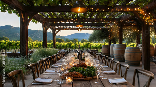Rustic vineyard dinner setting at sunset elegant table setting with wine barrels and mountain views