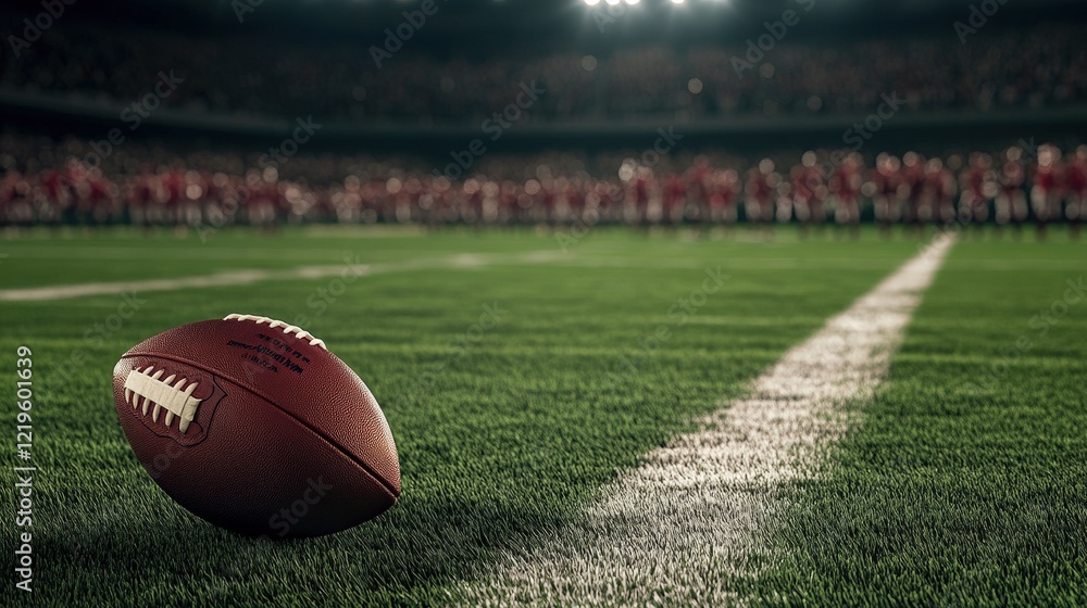 Exciting Football Scene with a Brown Ball on Green Grass Under Stadium Lights Exciting Football Scene with a Brown Ball on Green Grass Under Stadium Lights