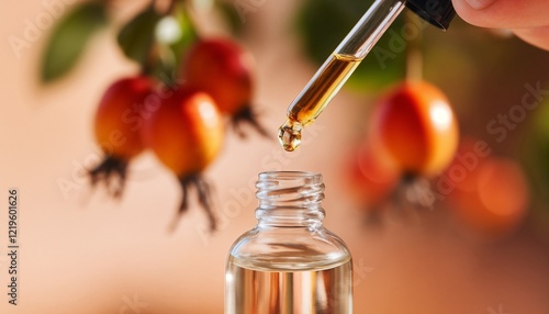 Dropper applying natural rosehip oil onto radiant skin with blurred background of fresh rosehips