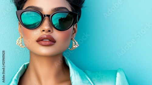  a woman wearing a green jacket and sunglasses, with earrings, against a blue background
