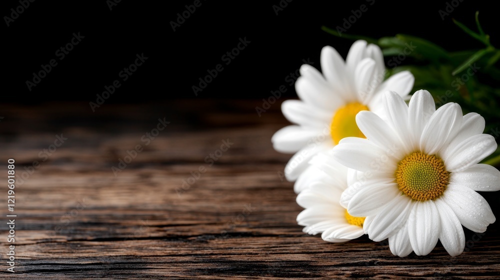Obraz premium two white daisies with their stems and leaves on a wooden table against a dark background