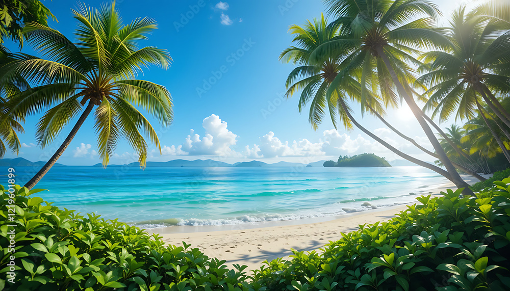 Naklejka premium Idyllic Tropical Beach with Lush Palm Trees and Turquoise Waters – Perfect Paradise Getaway