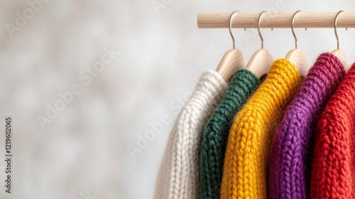  a row of colorful knitted sweaters hanging on a wooden hanger against a white background The sweaters come in a variety of colors, including red, blue, yellow, gre