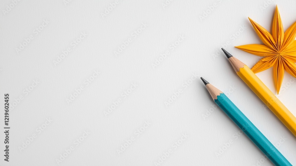 two yellow and blue pencils sitting next to each other on a white surface, with a paper flower in the background The pencils are positioned side by side, with the two yellow and blue pencils sitting next to each other on a white surface, with a paper flower in the background The pencils are positioned side by side, with the