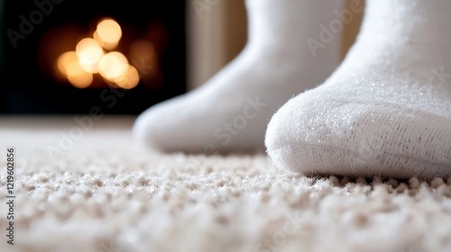  a person standing on a white carpet in front of a fireplace, wearing white socks The background is slightly blurred, giving the focus to the person and the carpet