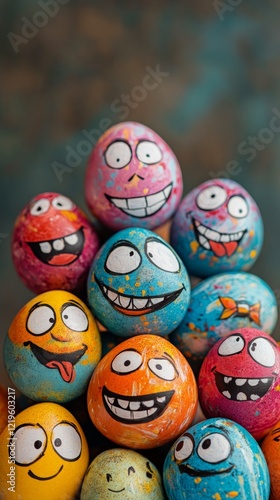 Colorful painted eggs with cheerful faces stacked together for festive celebration