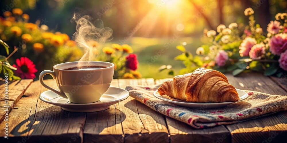 Obraz premium Vintage Breakfast Coffee: Sunlit Morning Coffee and Pastry