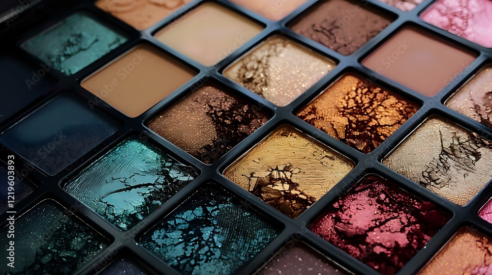 Professional makeup eyeshadow palette with crushed metallic and matte powders in trendy colors, closeup view showing texture and pigments for beauty and cosmetics industry. Professional makeup eyeshadow palette with crushed metallic and matte powders in trendy colors, closeup view showing texture and pigments for beauty and cosmetics industry.