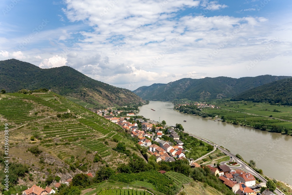 Landscape of Spitz an der Donau town in Austria with Danube river