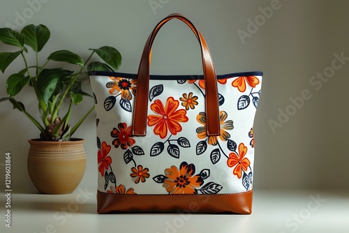 Stylish floral pattern tote bag with brown leather handles and base, featuring orange and red flowers on white canvas, perfect for fashion accessories and lifestyle photography. photo