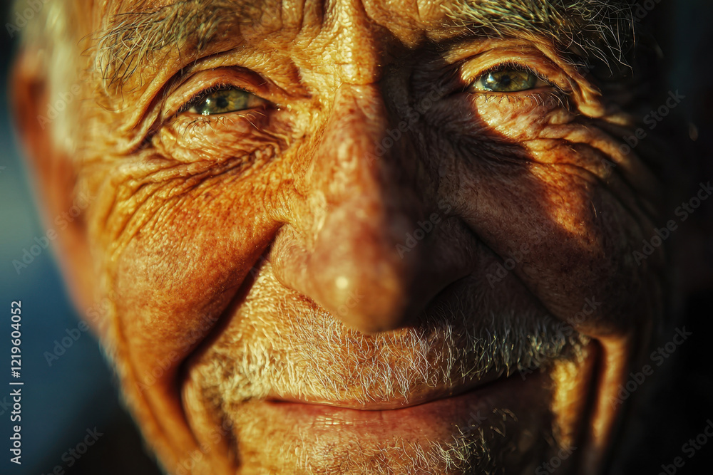 Close-up portrait of an elderly man with deep wrinkles and a warm, reflective smile Close-up portrait of an elderly man with deep wrinkles and a warm, reflective smile