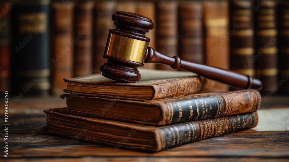 Gavel atop antique books. Gavel atop antique books.