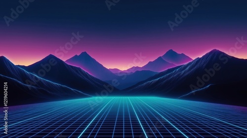 Retro futuristic landscape with glowing neon lines. 80s 90s video game inspired tech vibe. Abstract mountains with vibrant colors create futuristic background. Grid pattern pathway suggests virtual photo