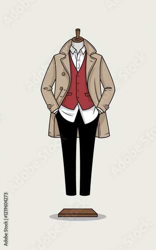 Stylish Autumn Outfit: Beige Trench Coat, Red Vest, and Black Pants photo